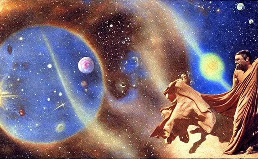 Image similar to scene from cosmologica ( 1 9 6 9 ), a movie by luchino visconti terry gilliam showing a man played by mastroianni leaving the medieval cosmos to enter the new modern universe in the style of ( ( ( renaissance cosmological painting ) ) ). blue sky with a lot of stars and planets. cinematic, technicolor, direct lighting