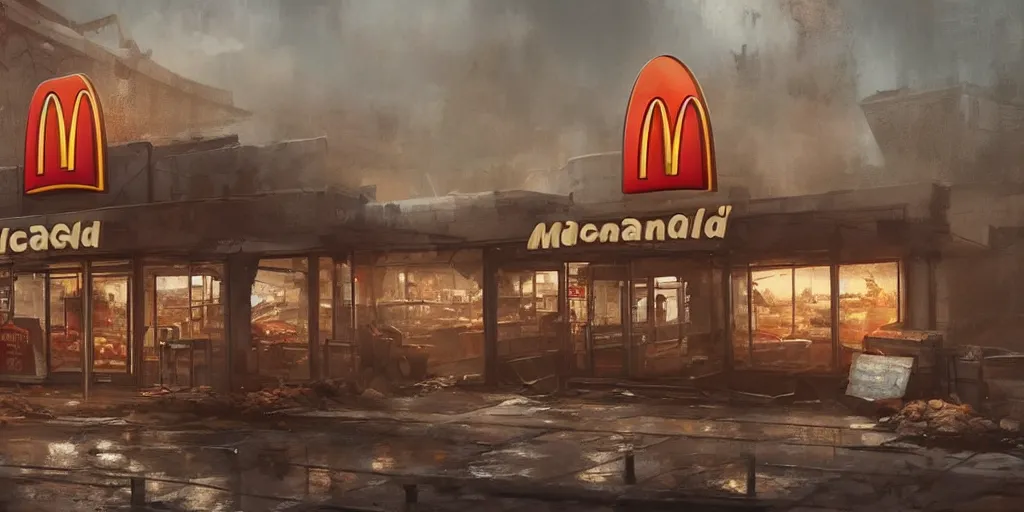 Prompt: an intricate concept art of a mcdonalds shop beside the road in a post - apocalyptic world,, sci - fi film color palette, concept art, environment design, vfx, unreal engine 5, artstation, deviantart, octane render, cinematic,