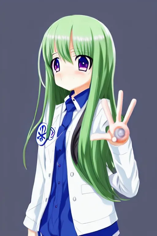 Image similar to full body anime portrait of a cute android girl round eyes long hair dressed in a school uniform inside the school, peace sign, stunning, highly detailed, anatomically correct