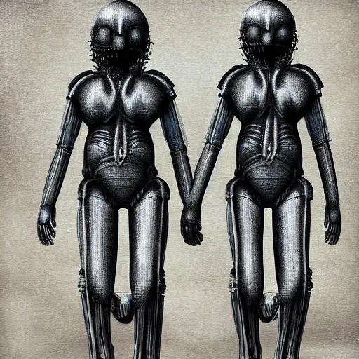 Image similar to a couple of humans walking across a metallic bridge, h. r. giger digital painting