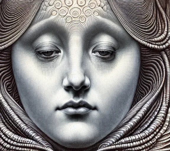 Image similar to detailed realistic beautiful moon goddess face portrait by jean delville, gustave dore, iris van herpen and marco mazzoni, art forms of nature by ernst haeckel, art nouveau, symbolist, visionary, gothic, neo - gothic, pre - raphaelite, fractal lace, intricate alien botanicals, ai biodiversity, surreality, hyperdetailed ultrasharp octane render