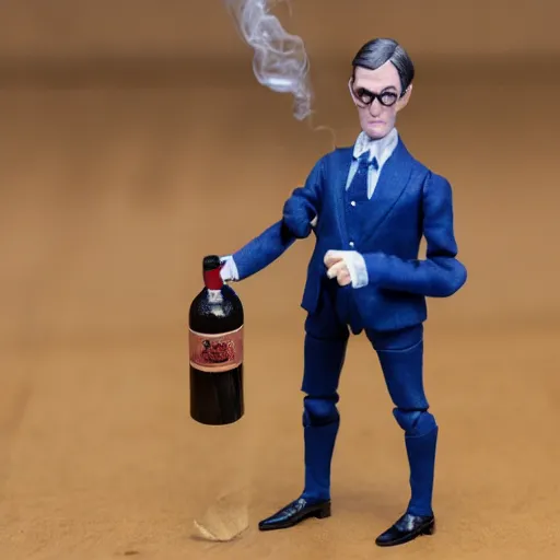 Image similar to detailed jacob rees - mogg action figure, holding wine bottle, smoking a cigar, 5 0 mm photograph