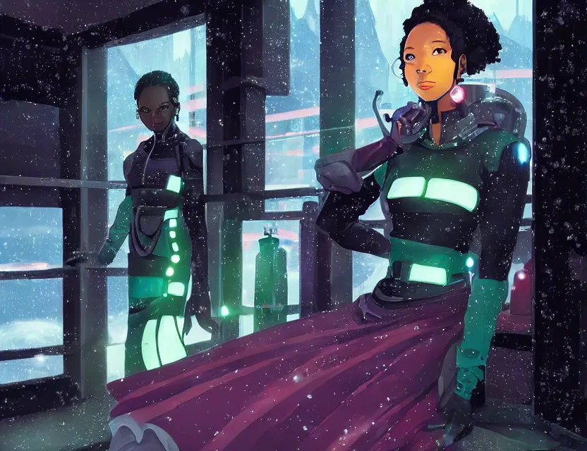 Prompt: black - skinned scifi princess in a snowy mountain cafe, wearing a lovely dress with cyberpunk elements. this oil painting by the award - winning mangaka has an interesting color scheme and impeccable lighting.