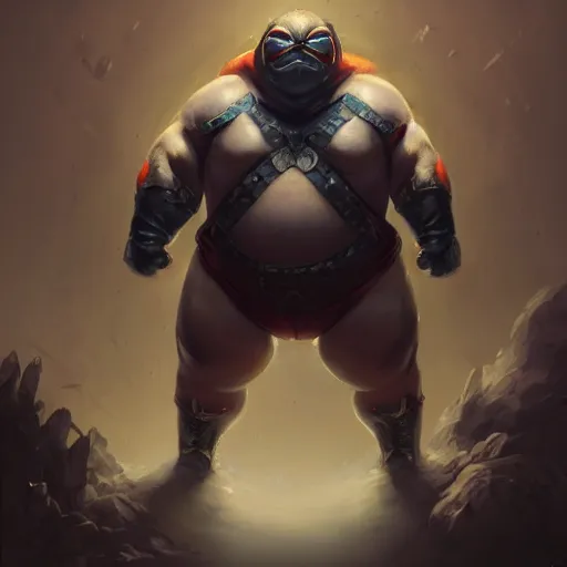 Image similar to a insanely detailed painting of an overweight masked superhero wearing a costume that's too small, staring at the computer nervously clicking on the mouse in the style of peter mohrbacher, dramatic lighting and composition, trending on artstation, concept art, comic book