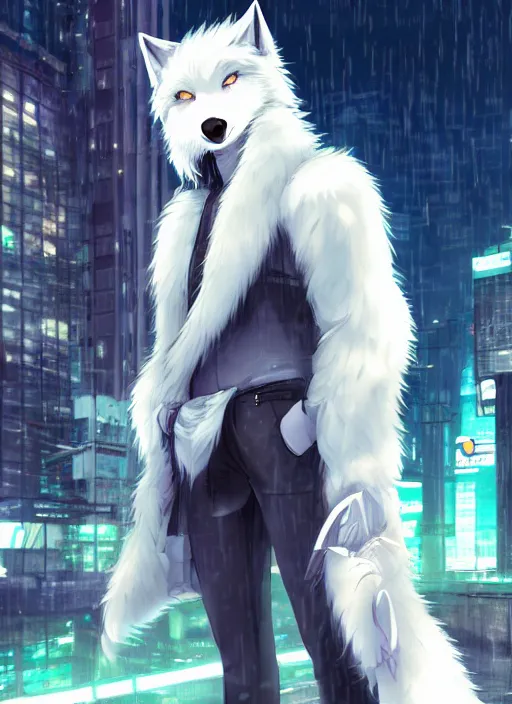 Image similar to character portrait of a male anthro white wolf fursona with a tail and a cute beautiful attractive furry face wearing stylish cyberpunk clothes in a cyberpunk city at night while it rains. hidari, color page, tankoban, 4K, tone mapping, Akihiko Yoshida.