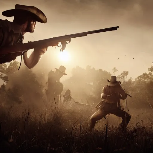 Image similar to a digital painting of a gunfight in hunt showdown, western era, hyper realistic, horror, back lighting, luisiana, in the style of greg rutkowski,