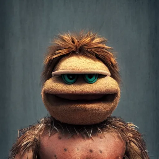 Image similar to a still of a forgotten muppet character looking very manly and modern, hilarious, laughing, hairy chest, huge chin, manly monster tough guy, roughled fur, photo real, photographic, photograph, artstation, trending, featured