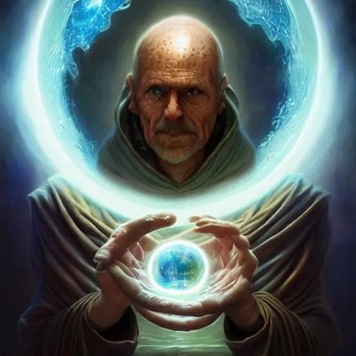 Image similar to the creator of worlds wearing a cloak and holding a holographic planet projection in his hand, detailed, sci - fi, digital painting, artstation, sharp focus, illustration, ominous, artgerm, tomasz alen kopera, peter mohrbacher, donato giancola, joseph christian leyendecker, wlop, frank frazetta