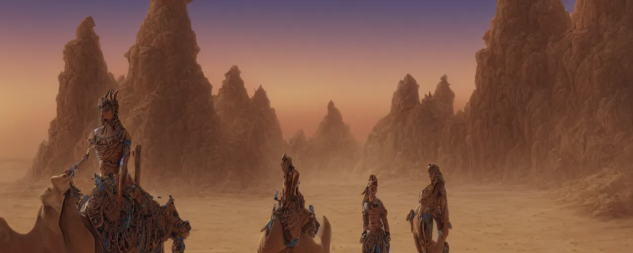 Prompt: painting of guardians of the ancient camel temple, sandstorm, sand dunes, camel god, barren sands, desolate, forgotten, by ArtGerm and Justin Cheung and Makoto Shinkai, insanely detailed and intricate, ornate, elegant, award winning, vermillion and cyan, sunset, maximalist, trending on Artstation, matte painting, interior scene, camel statue
