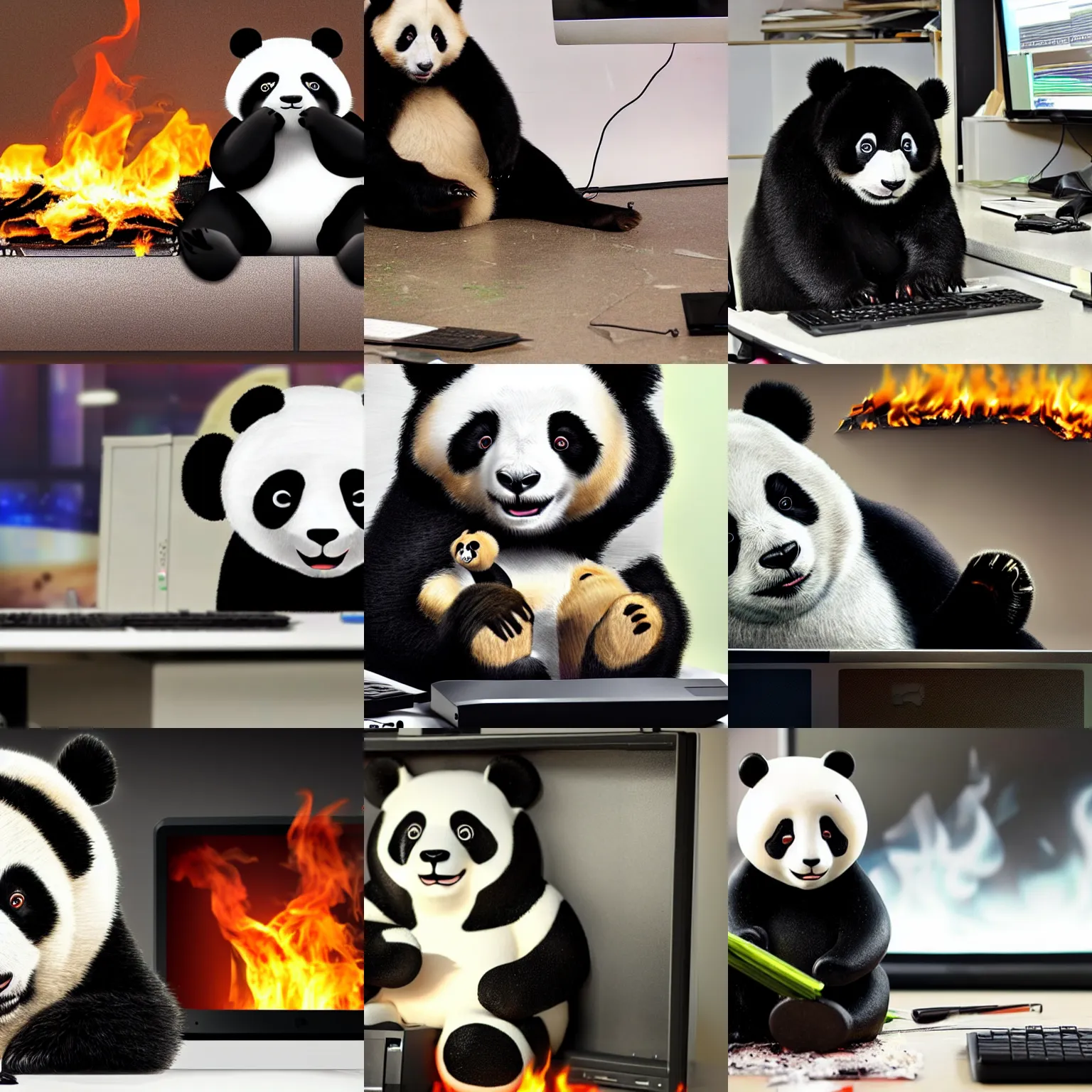 Prompt: a very sad crying panda sitting next to the PC that just caught fire