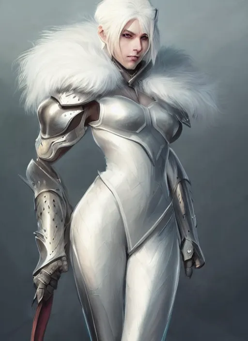 Image similar to fur - lined armor!!! beautiful and elegant white haired female!! gorgeous ayes!! character concept art, sharp focus, octane render! unreal engine 5! highly rendered!! trending on artstation!! detailed linework!! illustration by artgerm and peter mohrbacher