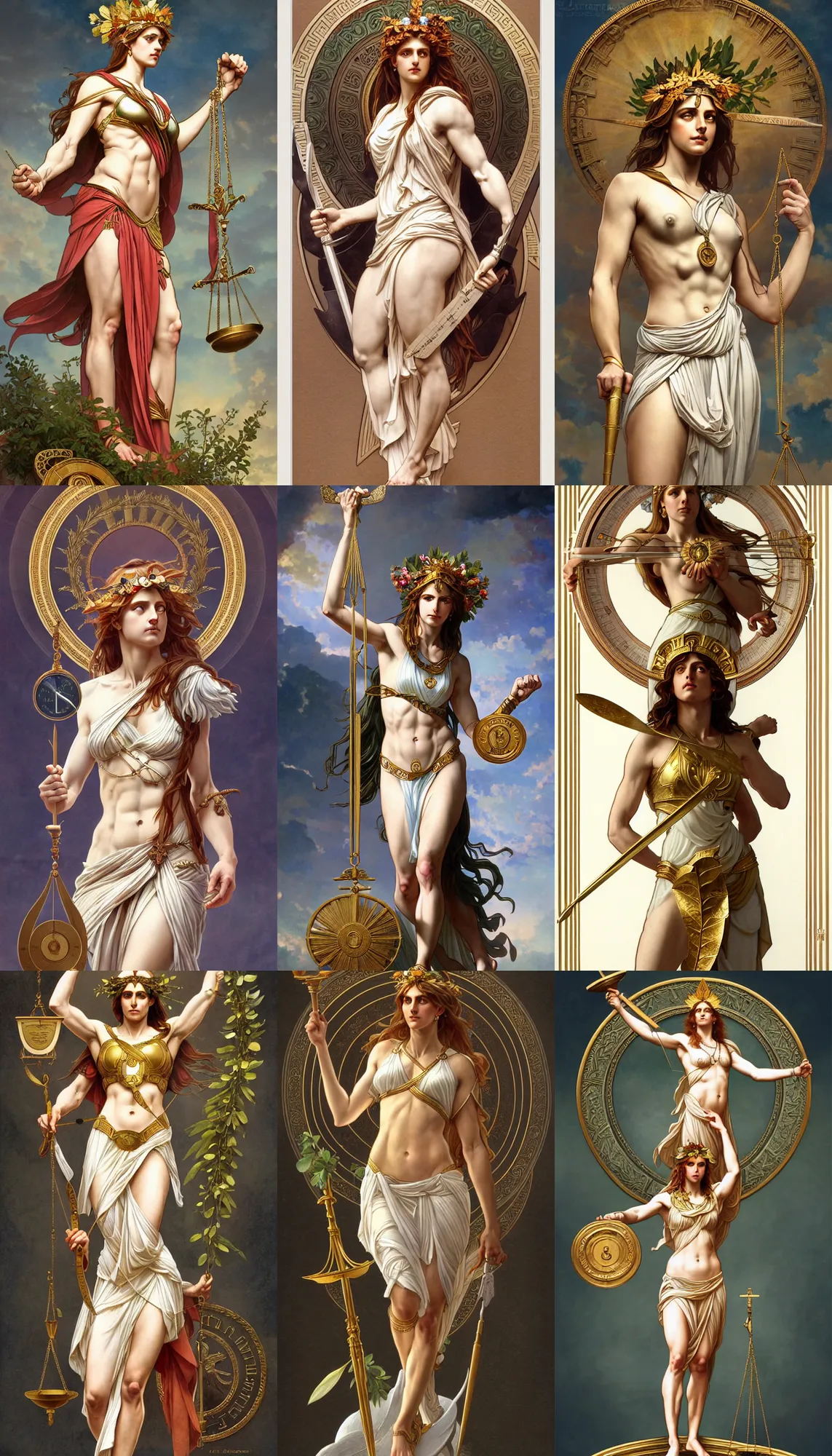 Prompt: a full body portrait of themis the greek goddess, wearing a laurel wreath, holding the balance scale of justice, extremely beautiful, accurate anatomy, by artgerm and by greg rutkowski and by alphonse mucha and by simon bisley, radiant light, detailed and intricate environment,