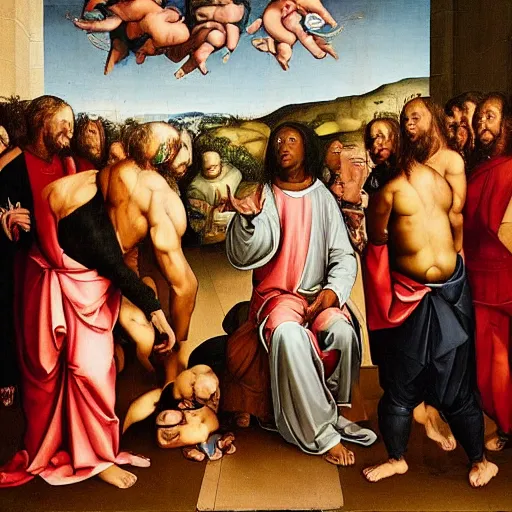 Image similar to Lil Wayne and his apostles in the background, renaissance art