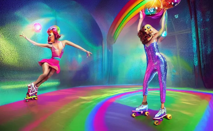 Prompt: “a roller skating diva with a disco ball head in a rollerrink in a psychadelic disco valley with rainbow waterfalls, by Vladimir kush, by josib csoor, by Laurie Lipton, rendered in octane, volumetric lighting, retro color scheme, trending on artstation,”