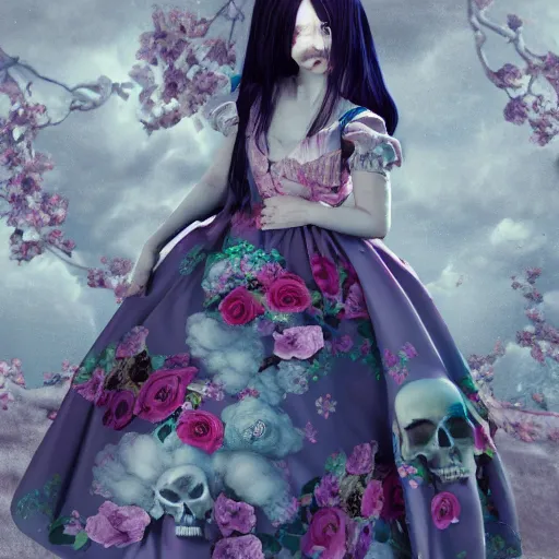 Image similar to 8 k, octane render, realism, tonalism, renaissance, rococo, baroque, cotton candy, creepy young lady wearing long harajuku manga dress with flowers and skulls ( background chaotic flowers )