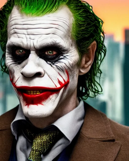 Image similar to a movie still of Batman starring Willem Dafoe as the Joker smiling, 8k, Technicolor, telephoto lens, detailed skin, detailed realistic eyes, medium shot, mid-shot