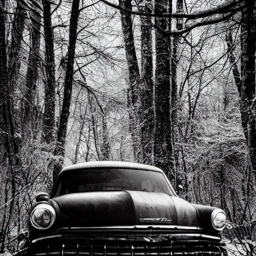 Image similar to rusty sedan in winter forest, greyscale, Polaroid, editoral image