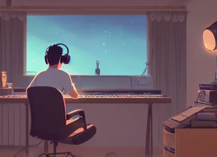 Image similar to man with headphones at his home studio producing music late at night, very detailed, 4 k, cory loftis, james gilleard, atey ghailan, makoto shinkai, goro fujita, studio ghibli, rim light, exquisite lighting, clear focus, very coherent