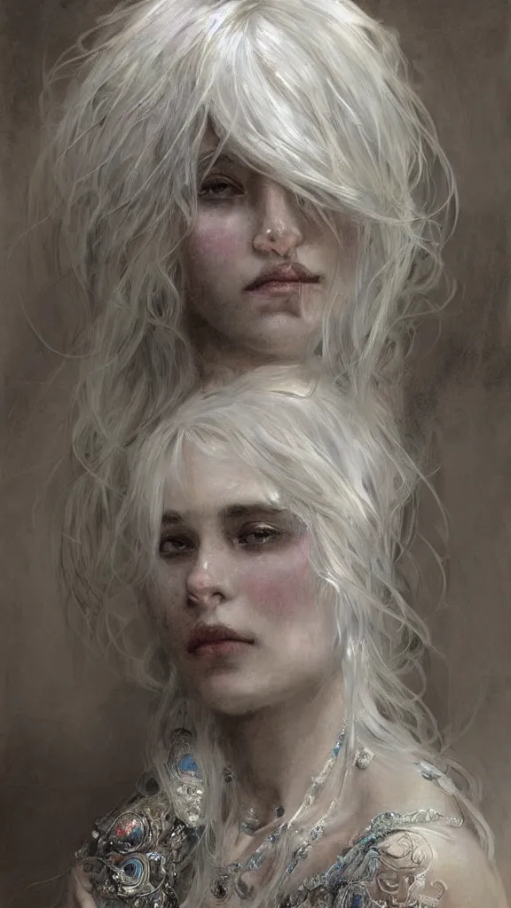 Prompt: a highly detailed beautiful white haired woman, adorned with precious stones, pen and ink, intricate line drawings by jeremy mann and alphonse mucha, 8 k resolution, trending on artstation, very very detailed, masterpiece, stunning,