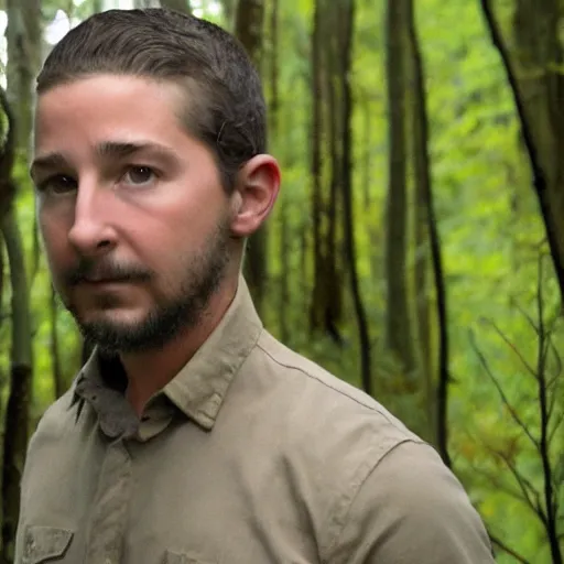 Prompt: in a forest, shia labeouf, expertly hiding behind a bolder, sneaking around looking at the camrea, at lest 6 feet away