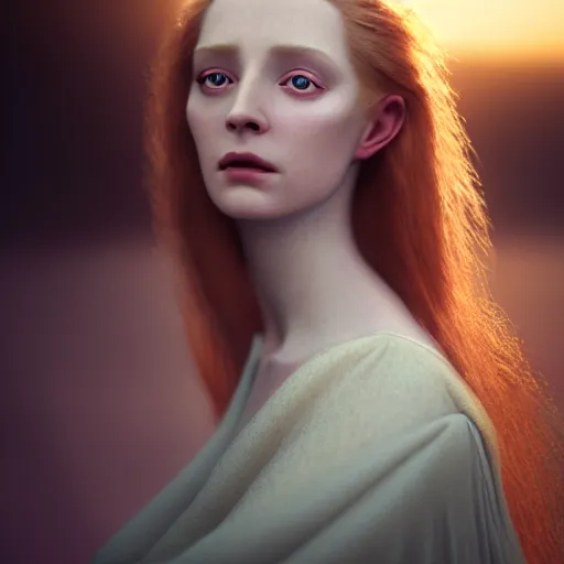 Image similar to photographic portrait of a stunningly beautiful english renaissance female in soft dreamy light at sunset, beside the river, soft focus, contemporary fashion shoot, in a denis villeneuve and tim burton movie, by edward robert hughes, annie leibovitz and steve mccurry, david lazar, jimmy nelsson, extremely detailed, breathtaking, hyperrealistic, perfect face, octane render