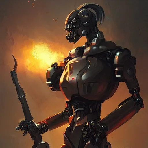 Image similar to a villan robot holding a powerful weapon, hyperrealistic, trending on art station, greg rutkowski