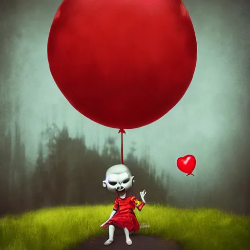Image similar to grunge cartoon landscape sketch of bilie eilish with a wide smile and a red balloon by - michal karcz, loony toons style, pennywise style, mona lisa style, horror theme, detailed, elegant, intricate