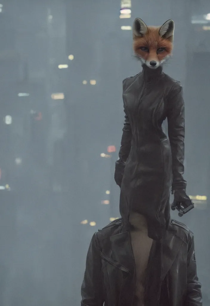 Prompt: anthro fox furry in Blade Runner: 2049, wearing a leather uniform, city streets, fursona, anthropomorphic, furry fandom, film still