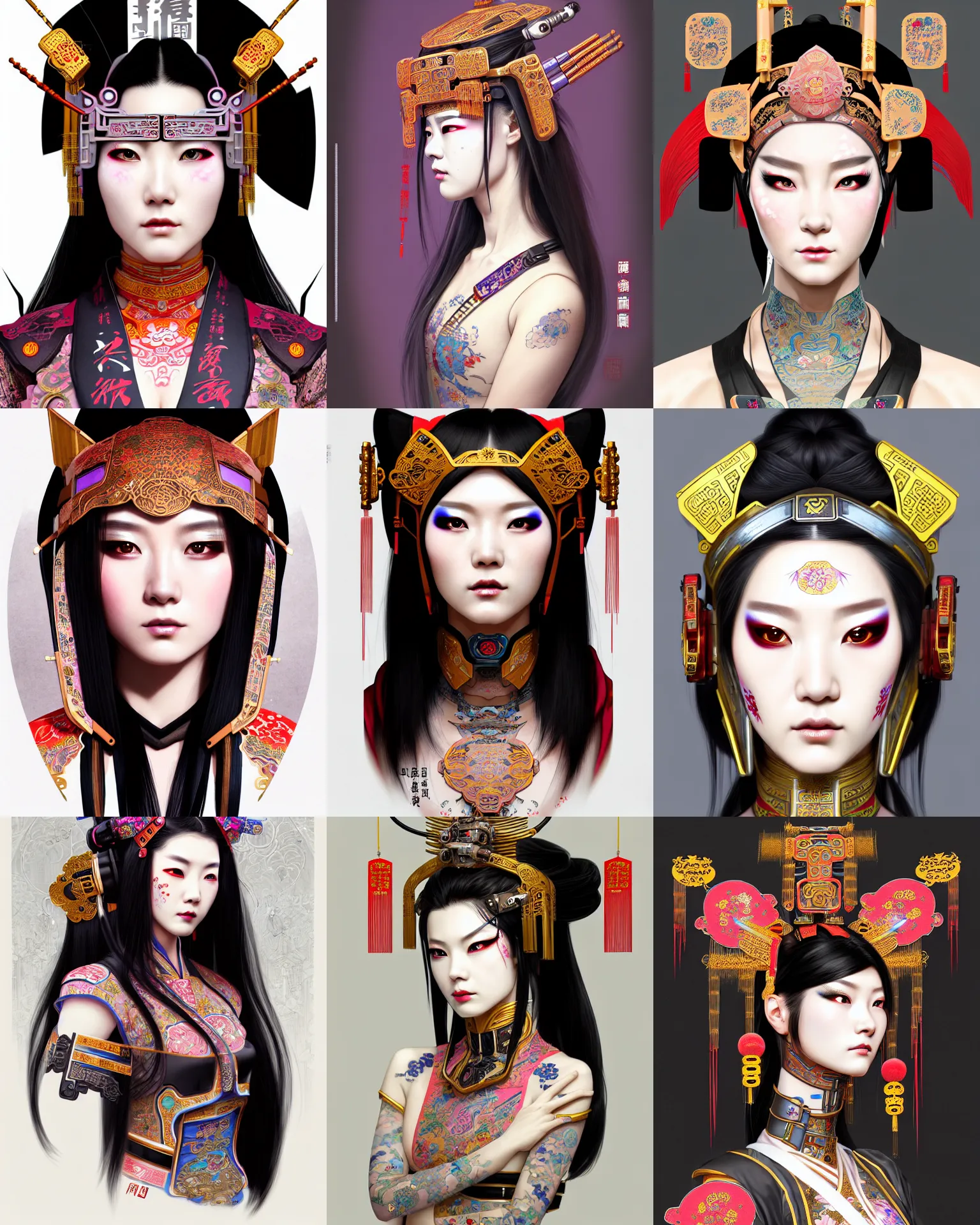 Prompt: upper half portrait of a female with machine head gear cyberpunk face accessories, decorated with chinese opera motifs, royal, fine china, wuxia, traditional chinese art intricate intense elegant highly detailed digital painting artstation concept art smooth sharp focus illustration, art by mike nash and artgerm and alphonse mucha and kuvshinov ilya, 8 k