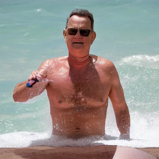 Prompt: tom hanks wearing a pink bikini rinsing himself off in the beach shower, bystanders watching intently, high resolution photograph,