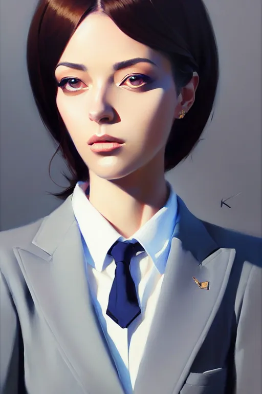 Image similar to a ultradetailed beautiful panting of a stylish woman wearing a oversized suit with a tie, oil painting, by ilya kuvshinov, greg rutkowski and makoto shinkai, trending on artstation