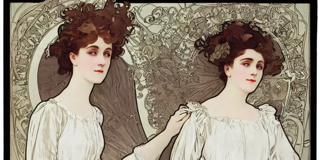 Image similar to a young edwardian woman wearing a white blouse and a grey skirt, in the style of mucha