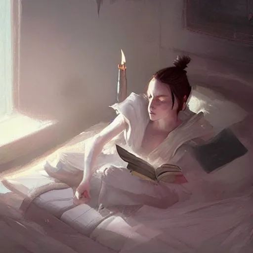 Prompt: A young female wizard, accidentally casting her first spell while practicing in bed, fantasy art by Greg Rutkowski