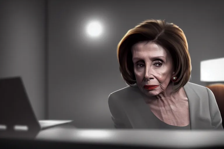 Image similar to Nancy Pelosi hiding in the shadows in a dark corner trading stocks on a laptop, face lit up by screen, very high detail, cinematic, volumetric lighting, artstation, 8k, dark, hyperrealistic