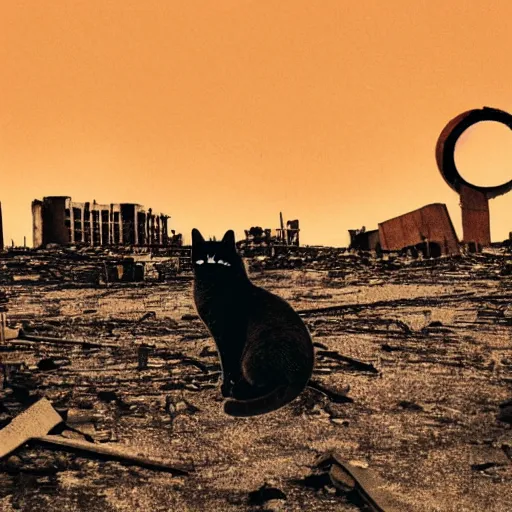 Prompt: cat observing the end of the world, aftermath of nukes, wasteland of a city, red tinted hue