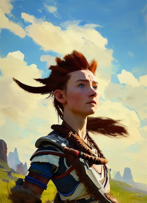 Image similar to portrait of a caucasian Aloy from Horizon Zero Dawn in the style of Apex Legends practicing, countryside, calm, fantasy character portrait, dynamic pose, above view, sunny day, clouds in the sky, artwork by Jeremy Lipkin and Giuseppe Dangelico Pino and Michael Garmash and Rob Rey and Greg Manchess, very coherent asymmetrical artwork, sharp edges, perfect face, simple form, 100mm