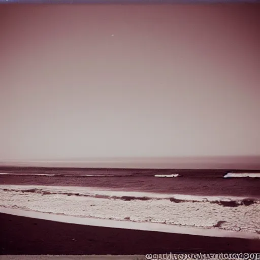 Prompt: california beach sunset on expired film, shot with an analog camera, drained of colour, looking out at the ocean, photography