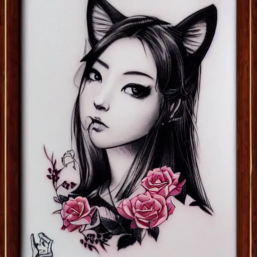 Prompt: tattoo design, stencil, cat girl, portrait of a beautiful japanese girls face framed by roses by artgerm, artgerm