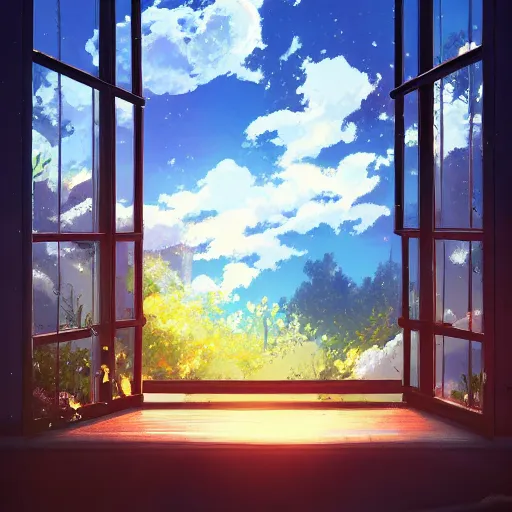 Image similar to a heavenly dream view from the interior of my cozy meadow of dream power-lines from a Makoto Shinkai oil on canvas inspired pixiv dreamy scenery art majestic fantasy scenery cozy window frame fantasy pixiv scenery art inspired by magical fantasy exterior