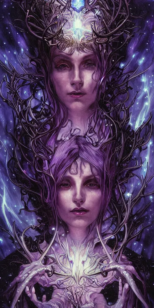 Prompt: intense roaring glowing black metal pagan god with antlers and veins and intense glowing eyes in very dark cosmic space by karol bak and artgerm and alphonse mucha, portrait, fantasy, clear, light beams, lens flare, intense, uhd, amazing depth, cinematic lighting, purple and violet and indigo and blue