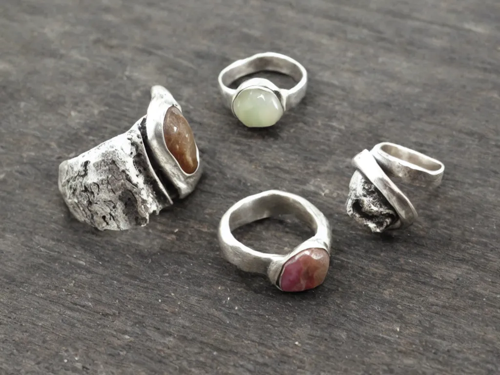 Prompt: rustic hand made rings hand crafted from silver and natural gemstones