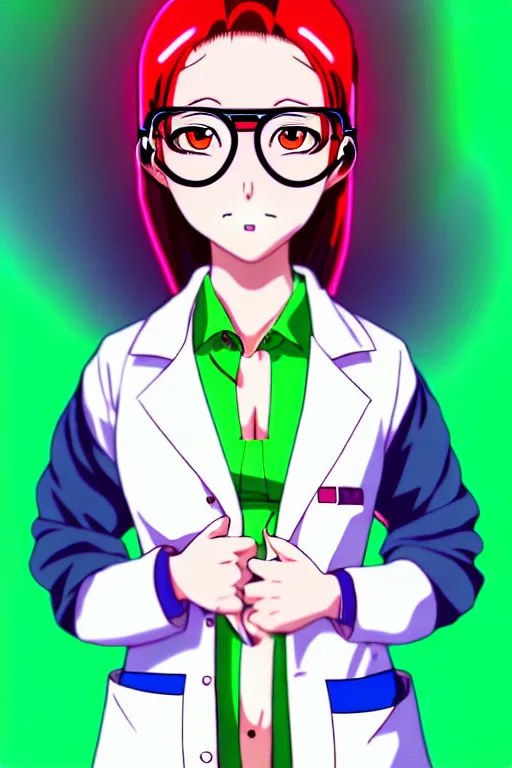 Prompt: full body anime portrait of a cute girl round eyes red hair wearing glasses dressed in a lab coat cinematic highly detailed 4 k neon anatomically correct