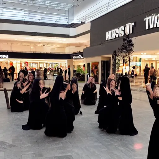 Image similar to security camera footage of a coven of witches performing a ritual in the middle of a mall, eerie light