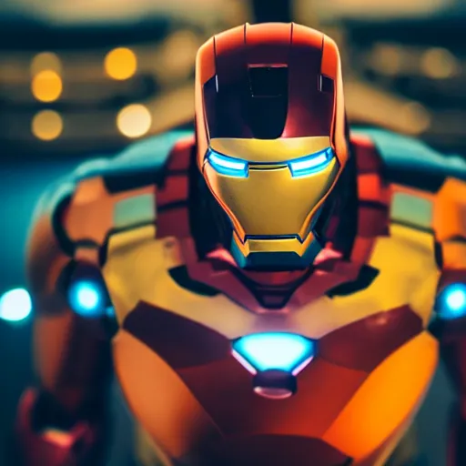 Image similar to close - up ironman, shallow depth of field, orange teal lighting, 8 k,