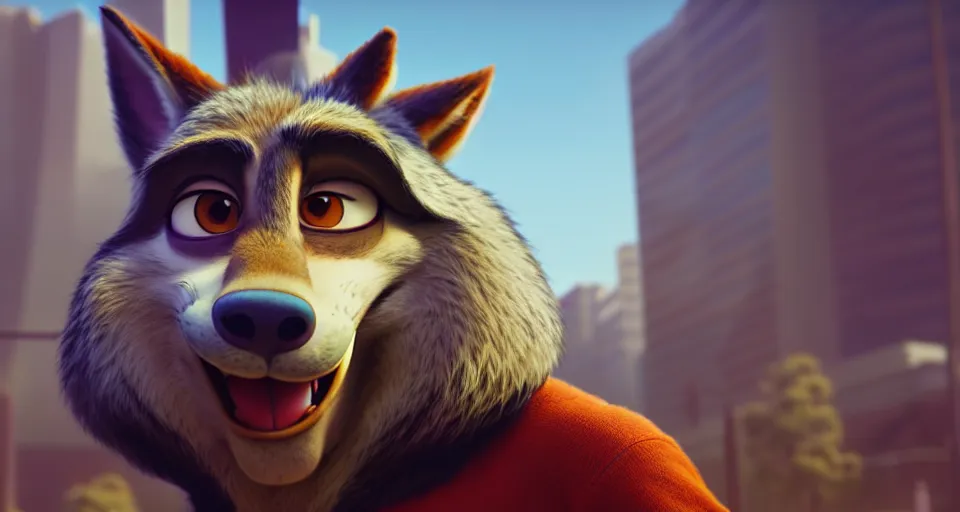 Image similar to a film still from zootopia main character portrait anthro anthropomorphic wolf security guard head animal person fursona pixar disney animation sharp rendered in unreal engine 5 anime key art by greg rutkowski bloom dramatic lighting modeling beginner render