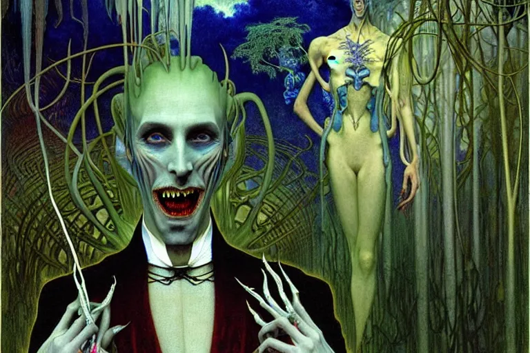 Image similar to realistic extremely detailed portrait painting of an elegantly creepy vampire man dressed as dracula, futuristic sci-fi forest on background by Jean Delville, Amano, Yves Tanguy, Alphonse Mucha, Ernst Haeckel, Edward Robert Hughes, Roger Dean, rich moody colours, blue eyes