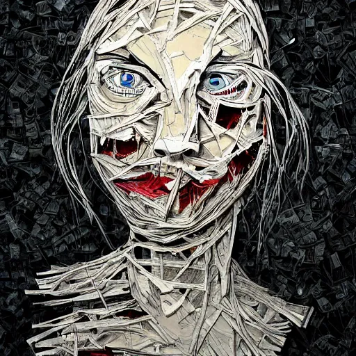 prompthunt: multiple faces shredded like paper news scared, dark horror,  surreal, drawing, painting