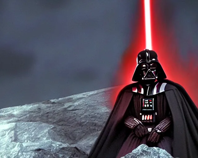 Image similar to Darth Vader sits on his throne in a volcano, cinematic