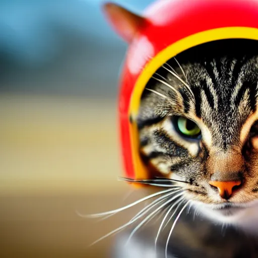 Prompt: a photo of a tabby cat riding a motorcycle, wearing a red helmet and a yellow scarf at night, 4k , highly detailed, award winning photo