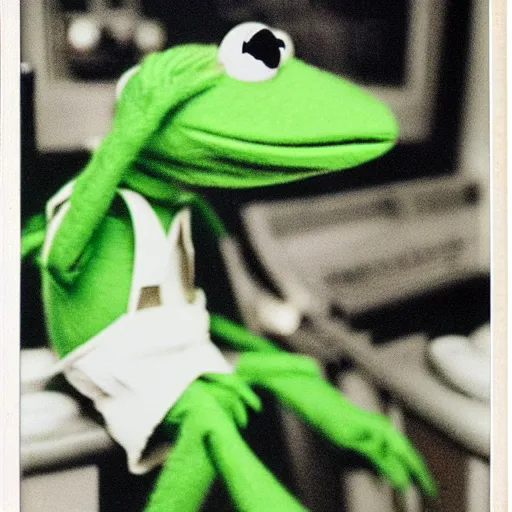 Image similar to Kermit the frog as jedi, polaroid photo, instax, white frame, by Warhol,